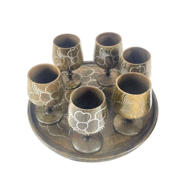 Handcrafted Wooden MCM Hand Turned Decanter Set With 6 Floral Etched Goblets & R - Picture 3 of 12